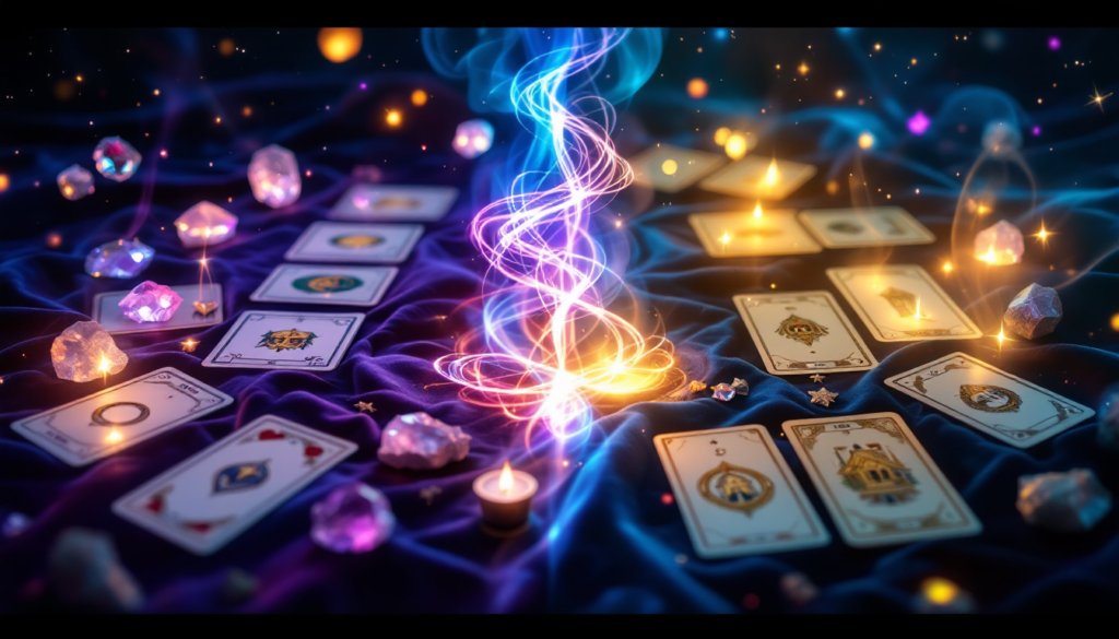 ssa imagem mística e encantadora para o post de blog "Tarot vs Baralho Cigano: Diferenças e Semelhanças na Leitura de Cartas" se integra perfeitamente como imagem destacada (featured image) no topo do artigo, complementando o conteúdo comparativo e as representações visuais do site da Madame Lulu. Uma composição dividida: à esquerda, um baralho de Tarot clássico como Rider-Waite com cartas como O Louco e Os Enamorados espalhadas sobre um pano de veludo, brilhando com luz etérea azul; à direita, um Baralho Cigano (Lenormand) com cartas simbólicas simples como Coração, Casa e Anel arranjadas em spread linear, iluminadas por luz dourada quente. No centro, linhas de energia rodopiante em roxo e ouro conectam os dois baralhos, simbolizando semelhanças e diferenças, com cristais flutuantes como ametista e quartzo, fumaça sutil de incenso e um céu noturno estrelado ao fundo, capturando a essência de orientação espiritual, leitura de cartas e mistério divinatório. Ela mantém a coesão estética das imagens anteriores, reforçando a abordagem ética e holística para tarot e baralho cigano como ferramentas de autoconhecimento.